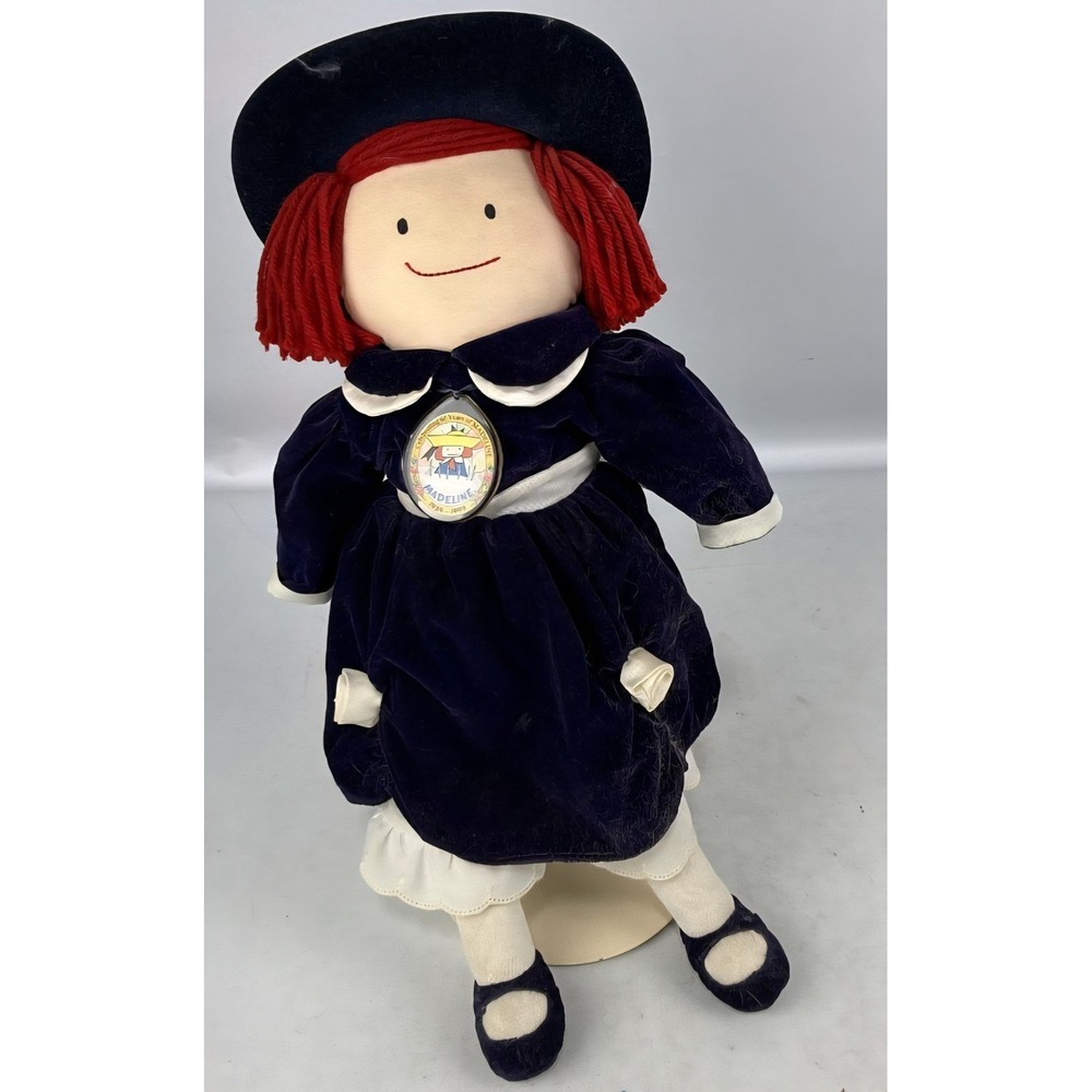 Vintage Madeline 60th Anniversary Plush Rag Doll Navy Velvet Dress Hat Stand